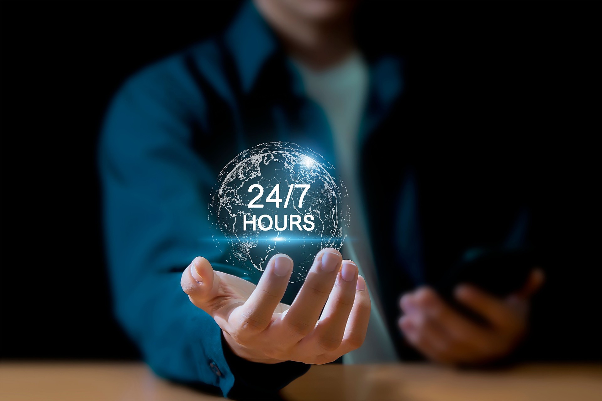 24-7 Service 24-7 online store concept with full-time, 24-7 access to global customer service.