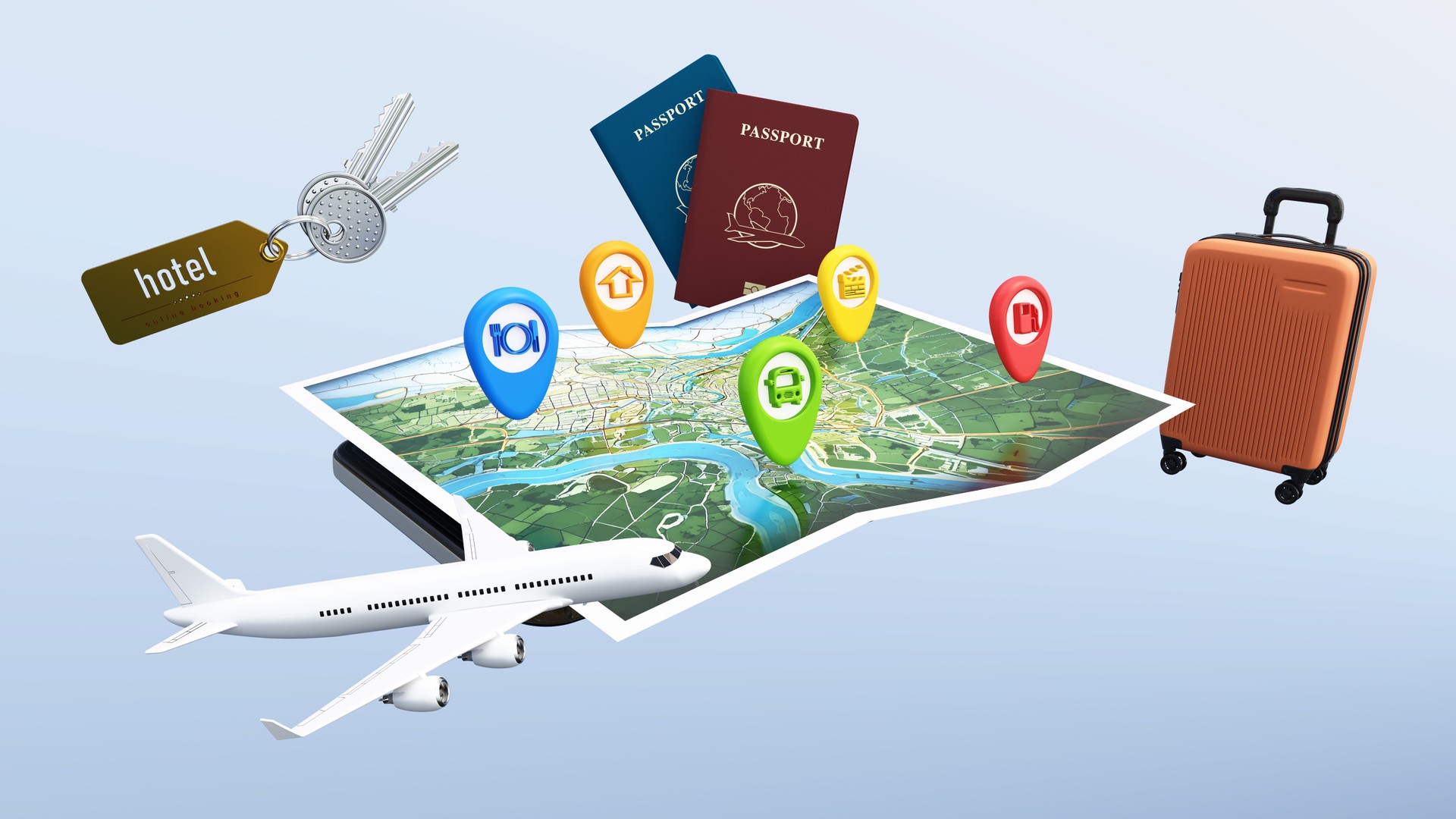 Planning a future trip with travel essentials like maps, passports, and an airplane over a smartphone screen. Travel planning concept